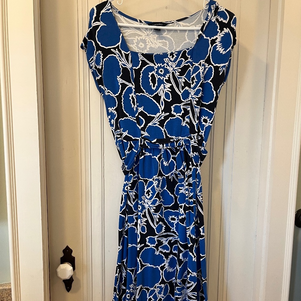 Lands end blue, white, black floral square neck dress size XS
